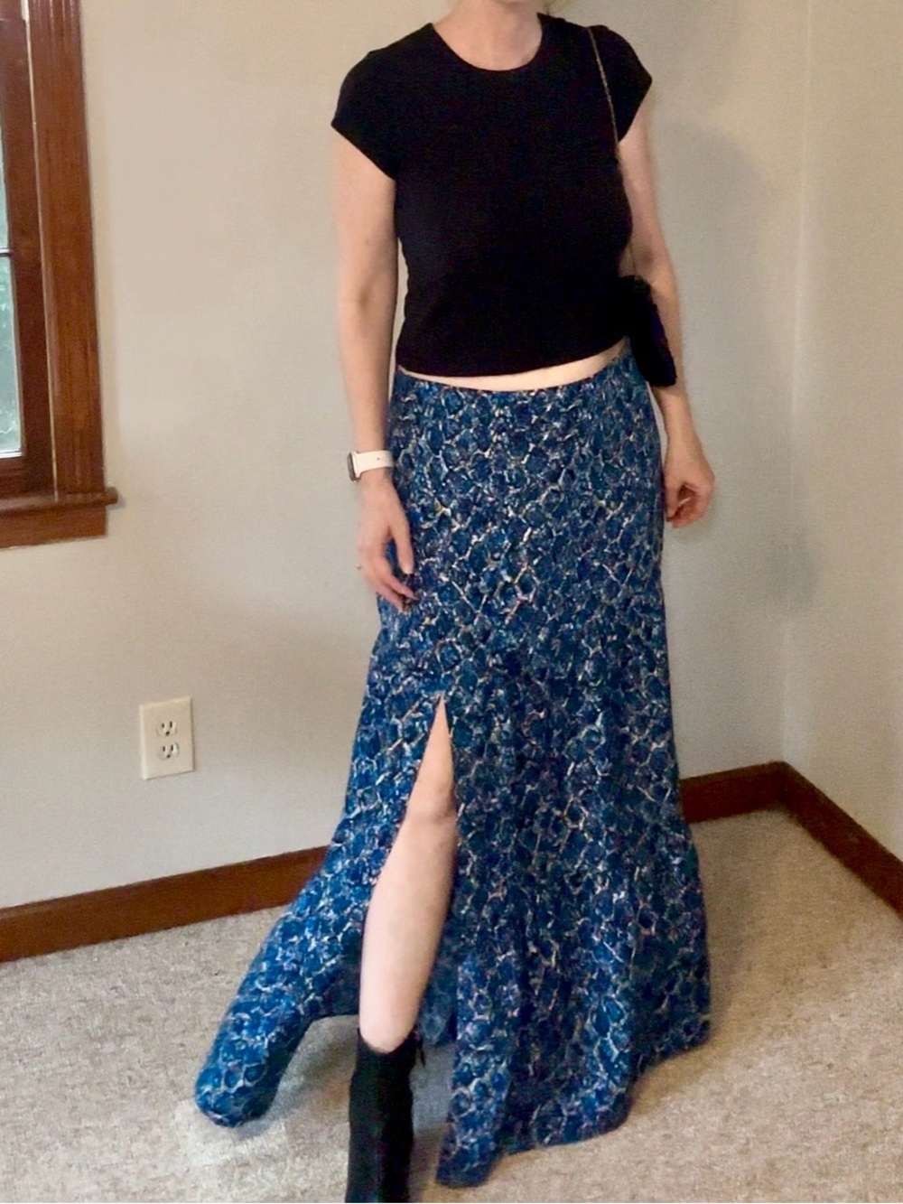 Marie Oliver Blue Patterned Boho Maxi Skirt with Side Slit Size 8